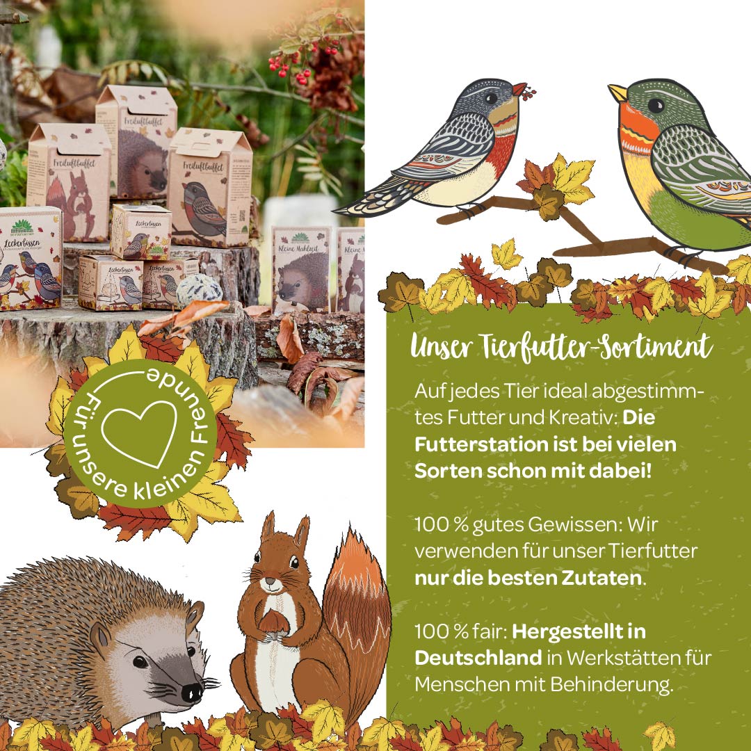 Imagen publicitaria para productos de alimentación para mascotas con pájaros y ardillas ilustrados y texto sobre producción sostenible y justa.