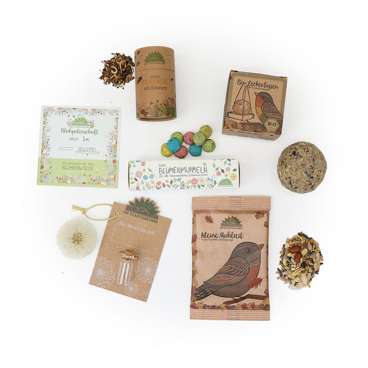 Diversos productos de jardinería y mezclas de semillas de flores silvestres, té orgánico y alpiste dispuestos sobre un fondo blanco.