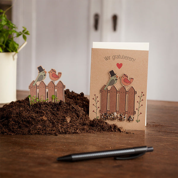 Tarjeta de felicitación sobre la tierra con ilustraciones de pájaros, pequeñas plantas y el texto "¡Felicidades!".