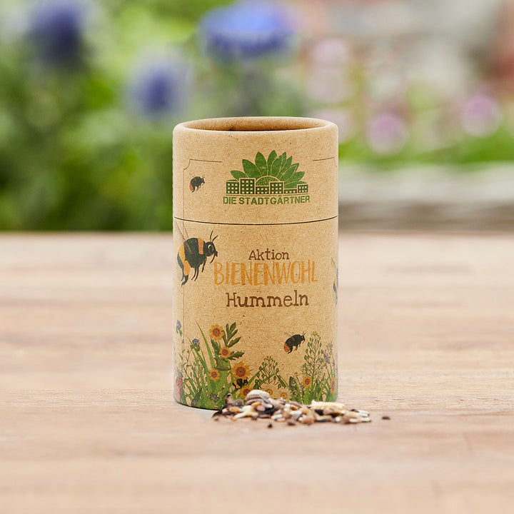Tubo de cartón con la inscripción "Aktion BIENENWOHL Bumblebees" y mezcla de semillas sobre una superficie de madera, con plantas borrosas en el fondo.
