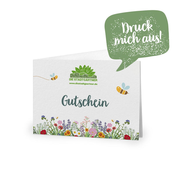 Tarjeta de descuento con motivo floral y la inscripción "¡Imprímeme!", el logotipo de los jardineros de la ciudad y la página web.
