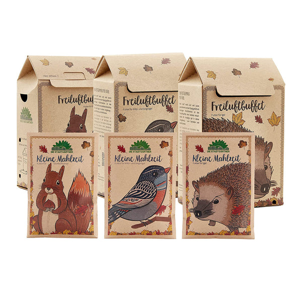 Embalaje para alimentos silvestres con imágenes de una ardilla, un pájaro y un erizo.