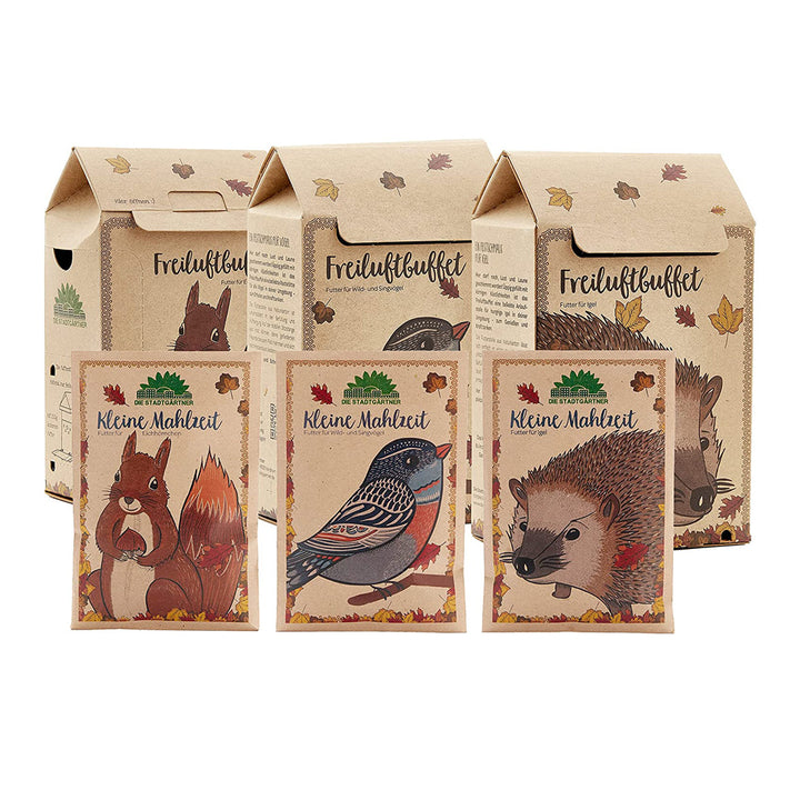 Embalaje para alimentos silvestres con imágenes de una ardilla, un pájaro y un erizo.